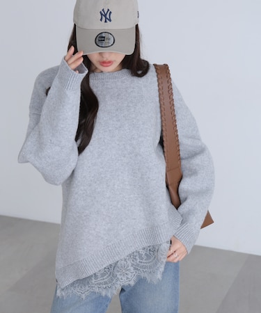 １２Ｇ＋裾斜めレース丸首ニット