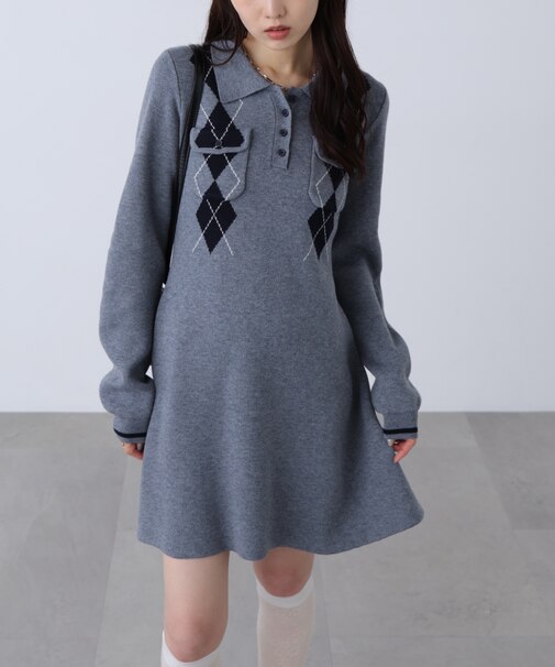 アーガイルポロ襟ショートニットワンピース