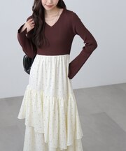 フロントギャザー布帛ドッキングワンピース