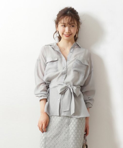 ◆ウエストマークリボンベルト付シアーシャツ