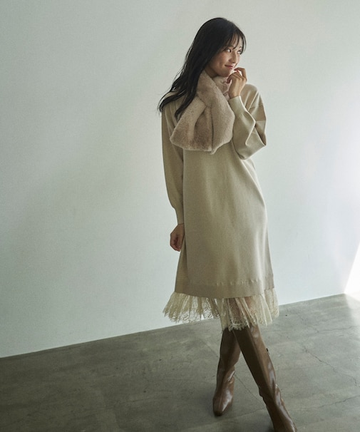 《EDIT COLOGNE》裾レース付きニットワンピース WEB限定