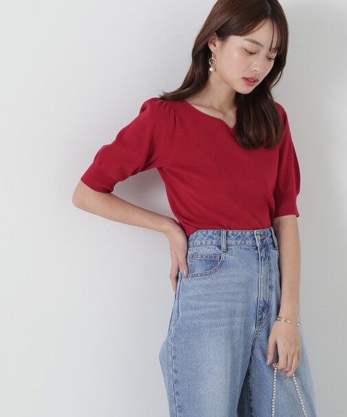 ハートネック5分袖総針ニット