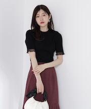 部分シアー半袖リブニット