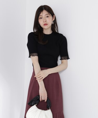 部分シアー半袖リブニット