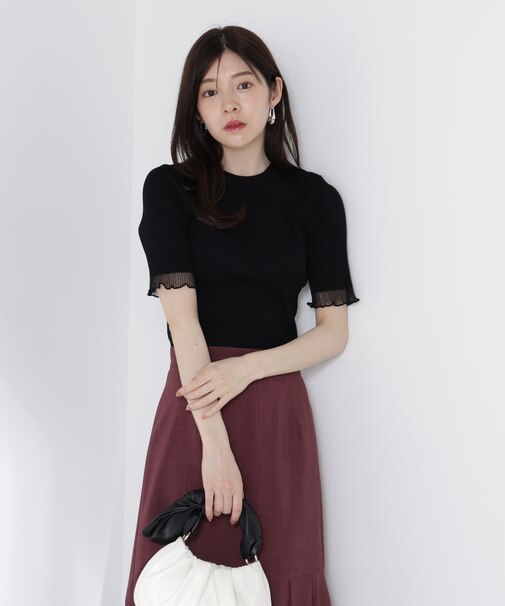 部分シアー半袖リブニット