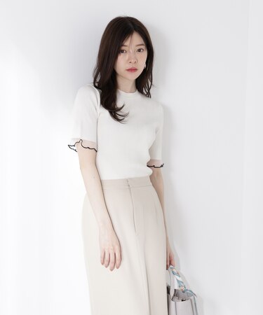 部分シアー半袖リブニット