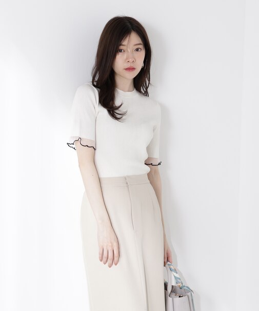 部分シアー半袖リブニット