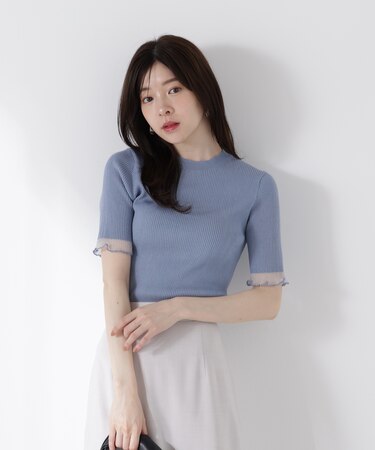 部分シアー半袖リブニット