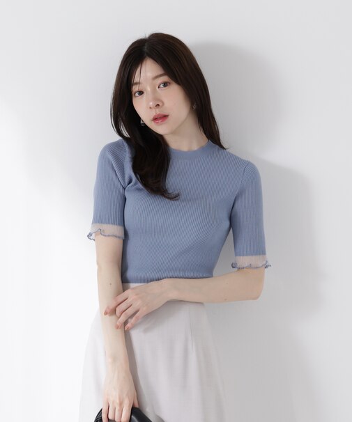 部分シアー半袖リブニット