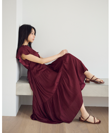 リボン付きギャザーワンピース