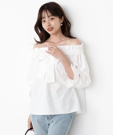 ＜ウォッシャブル＞リボン付きオフショルブラウス