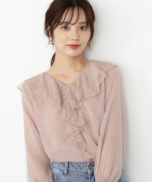レースフリル楊柳ブラウス