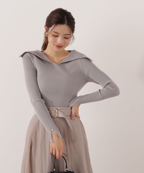 オープンカラーリブニット