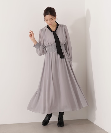 タイ付きウエストシャーリングワンピース