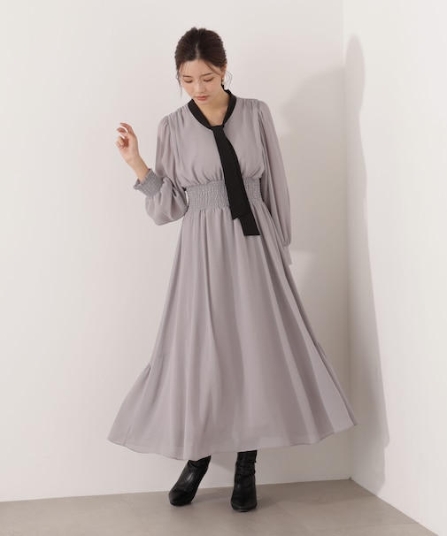 タイ付きウエストシャーリングワンピース