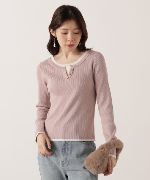 ＜ウォッシャブル＞レイヤード風ヘンリーネックニット