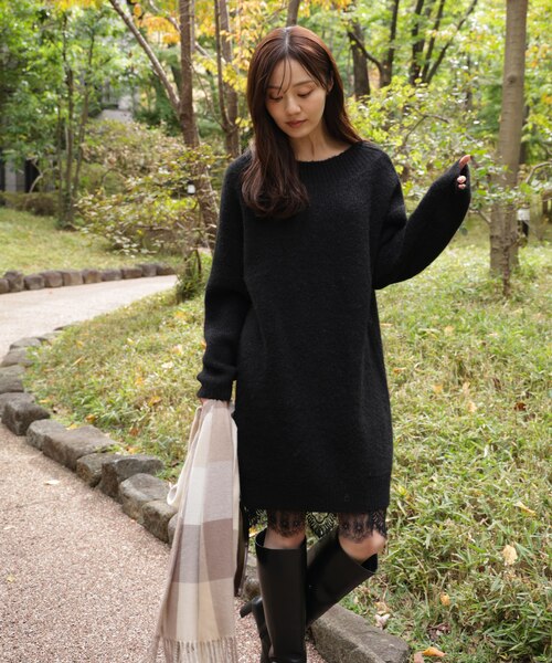 EDIT COLOGNE》レースレイヤード風ニットミニワンピース