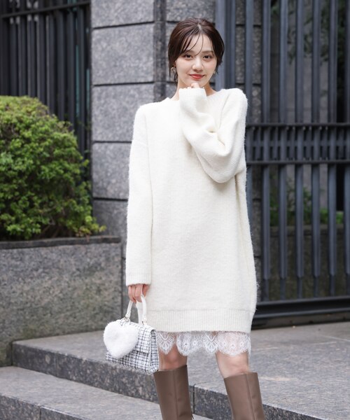 EDIT COLOGNE》レースレイヤード風ニットミニワンピース