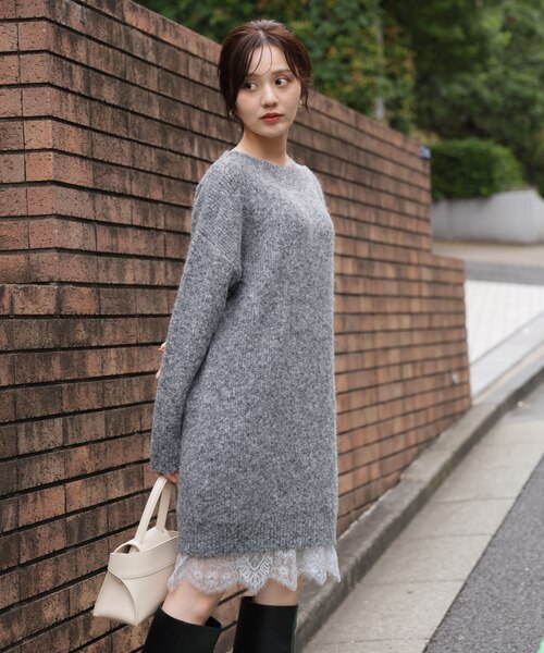 EDIT COLOGNE》レースレイヤード風ニットミニワンピース