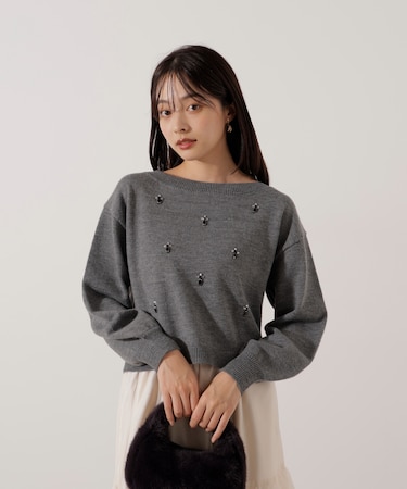 ビジュー付きボックスニット