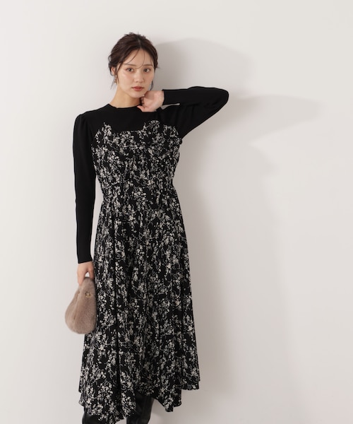 フロントリボン花柄ドッキングワンピース 26SS｜プロポーションボディ