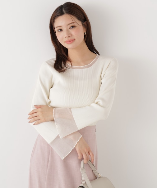 部分シアーフレアスリーブニットトップス