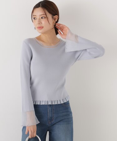 部分シアーフレアスリーブニットトップス