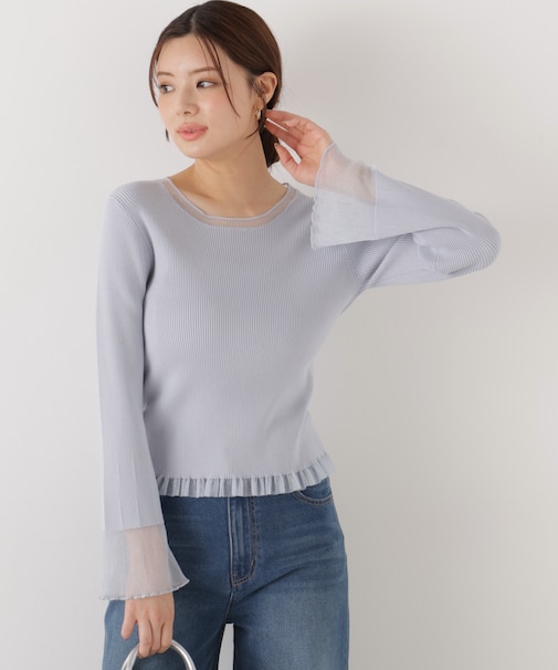 部分シアーフレアスリーブニットトップス