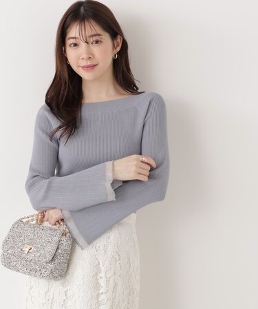 シアー切り替えボートネックニット