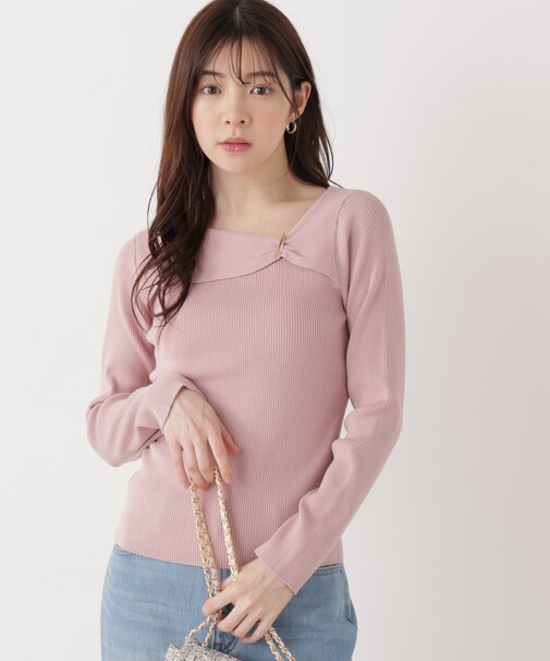 バー付きアシメリブニット