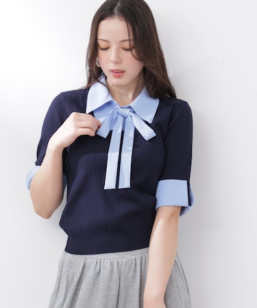 《EDIT COLOGNE》リボンシャツドッキングニット