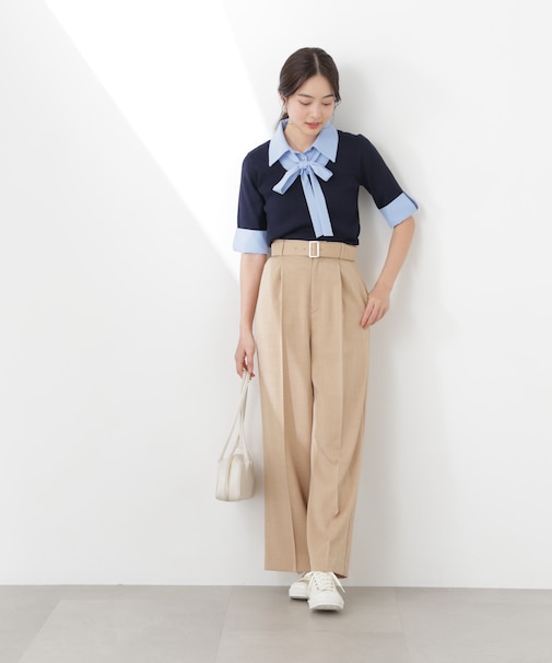 ＜ウォッシャブル＞ベルト付きタックワイドパンツ