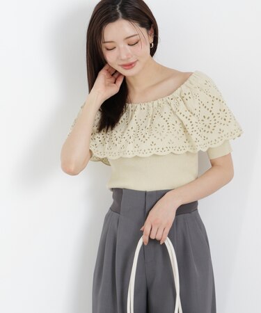 スカラップレースオフショルニット