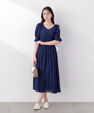 シフォン楊柳ギャザーワンピース