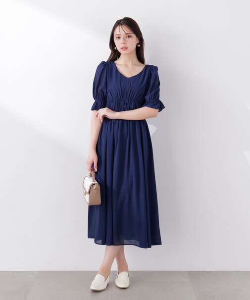 シフォン楊柳ギャザーワンピース