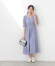 シフォン楊柳ギャザーワンピース