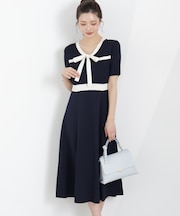 リボンタイバイカラーニットワンピース