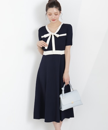 リボンタイバイカラーニットワンピース