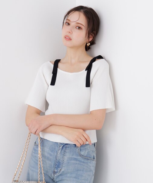 ＜ウォッシャブル／UV＞肩リボンオフショルニット　26SS