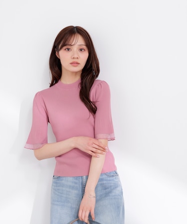 部分シアー半袖ニット