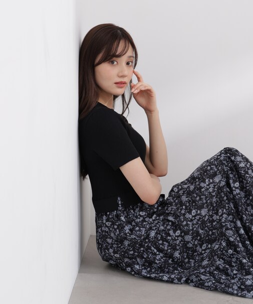 半袖花柄ドッキングニットワンピース