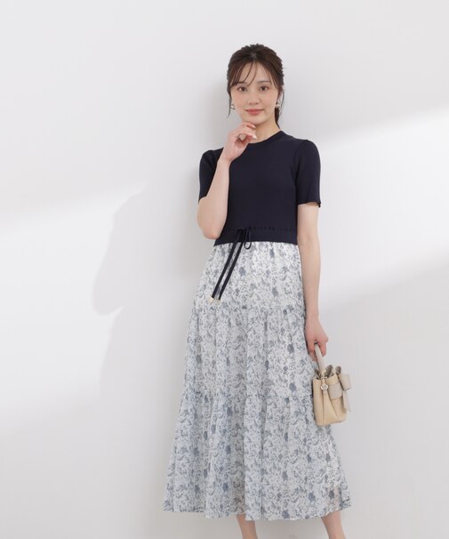 半袖花柄ドッキングニットワンピース