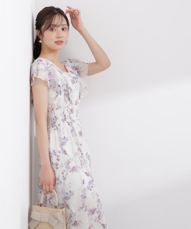 ラッフル袖花柄ワンピース