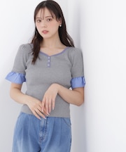 異素材ハーフスリーブニット