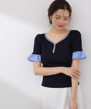 異素材ハーフスリーブニット