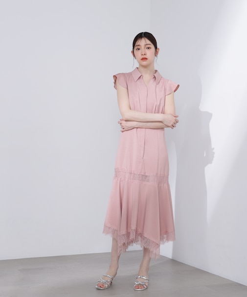 ＜Ｌ＞レーストリムシャツワンピース