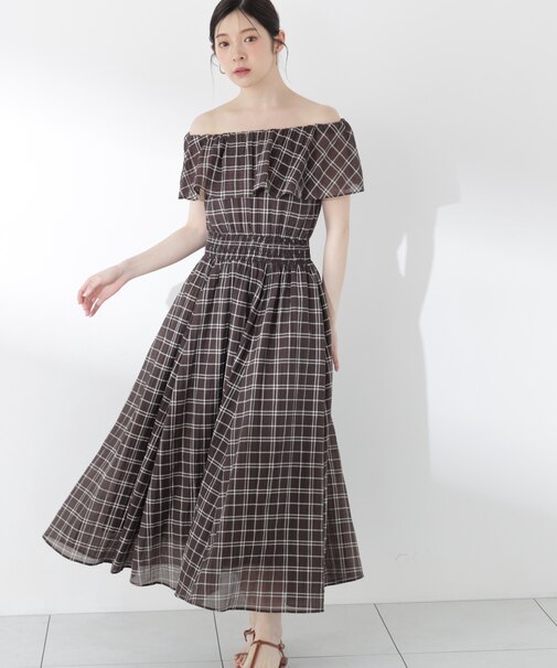 シアーチェックオフショルワンピース26SS