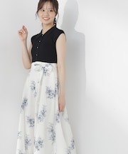 衿付き柄ドッキングニットワンピース