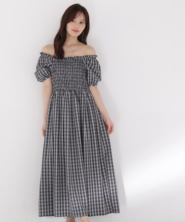 チェック柄シャーリングワンピース