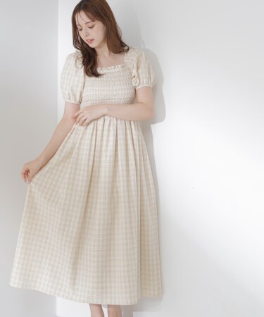 チェック柄シャーリングワンピース